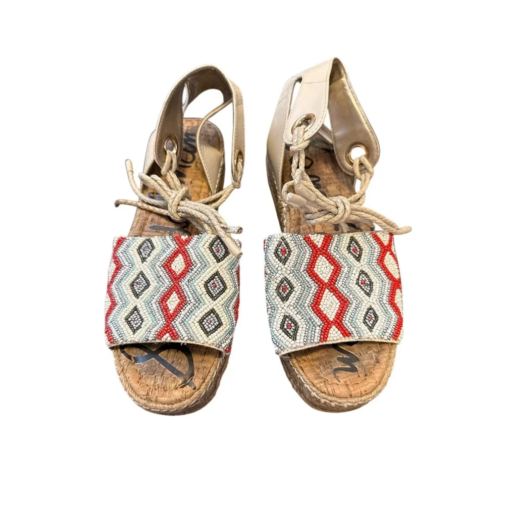 Sam Edelman‎ Espadrille Sandals Womens 9 Beige Beaded Lace-Up Platform Boho